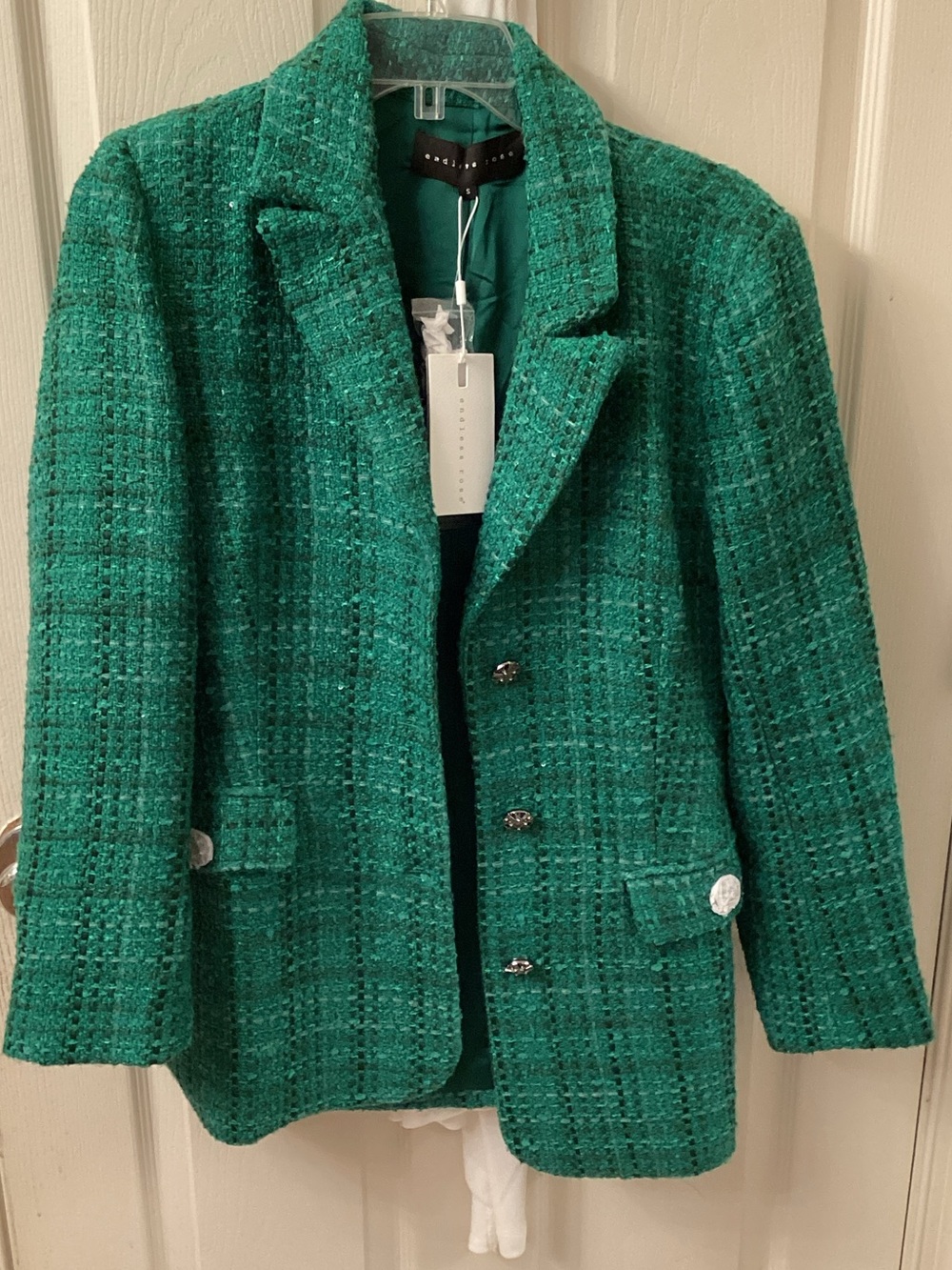 Endless Rose Emerald Green Tweed Blazer Jacket with clear sequins.